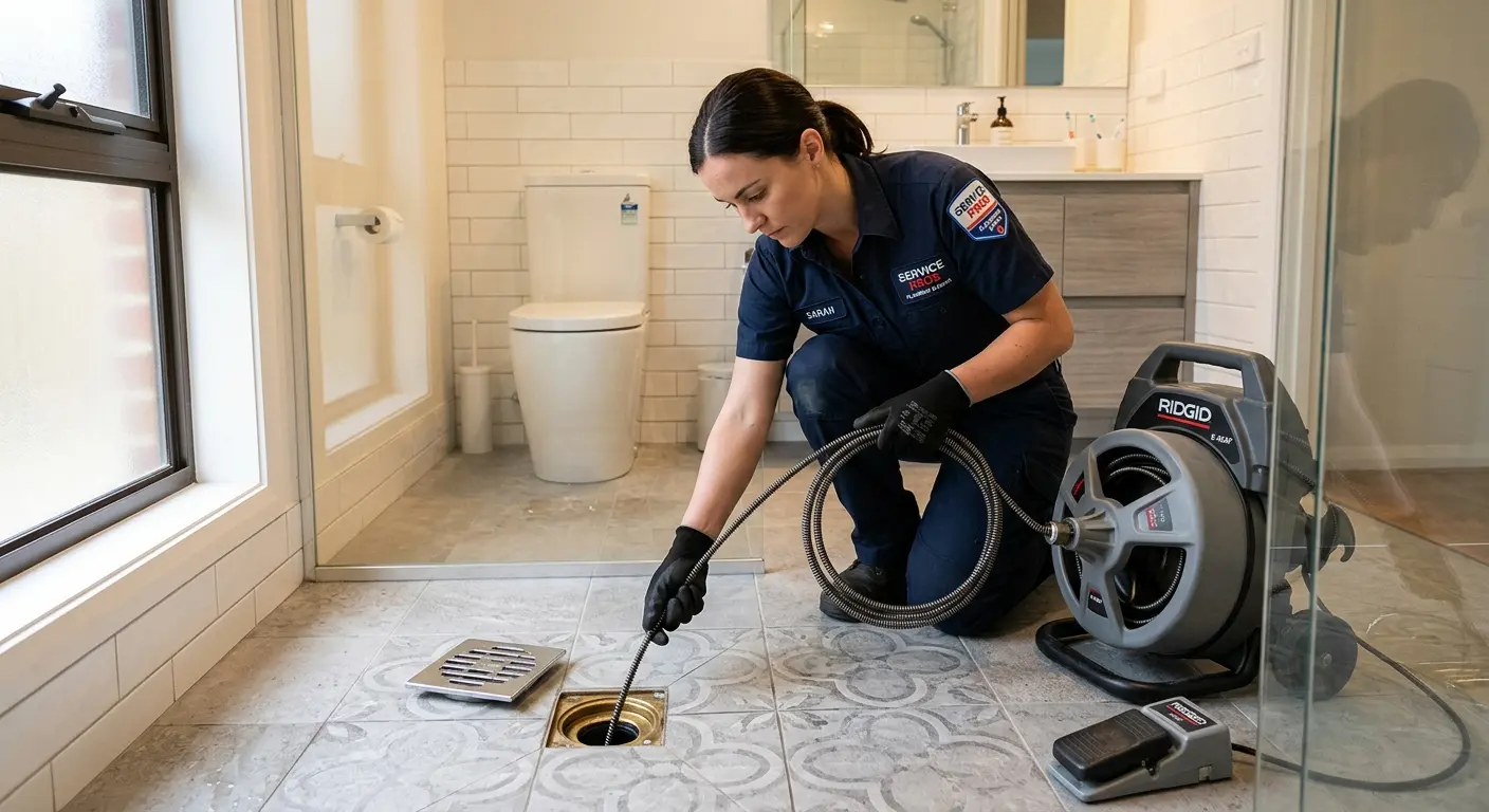 Technician clearing a bathroom floor drain for Clogged Drain Repair in Town and Country